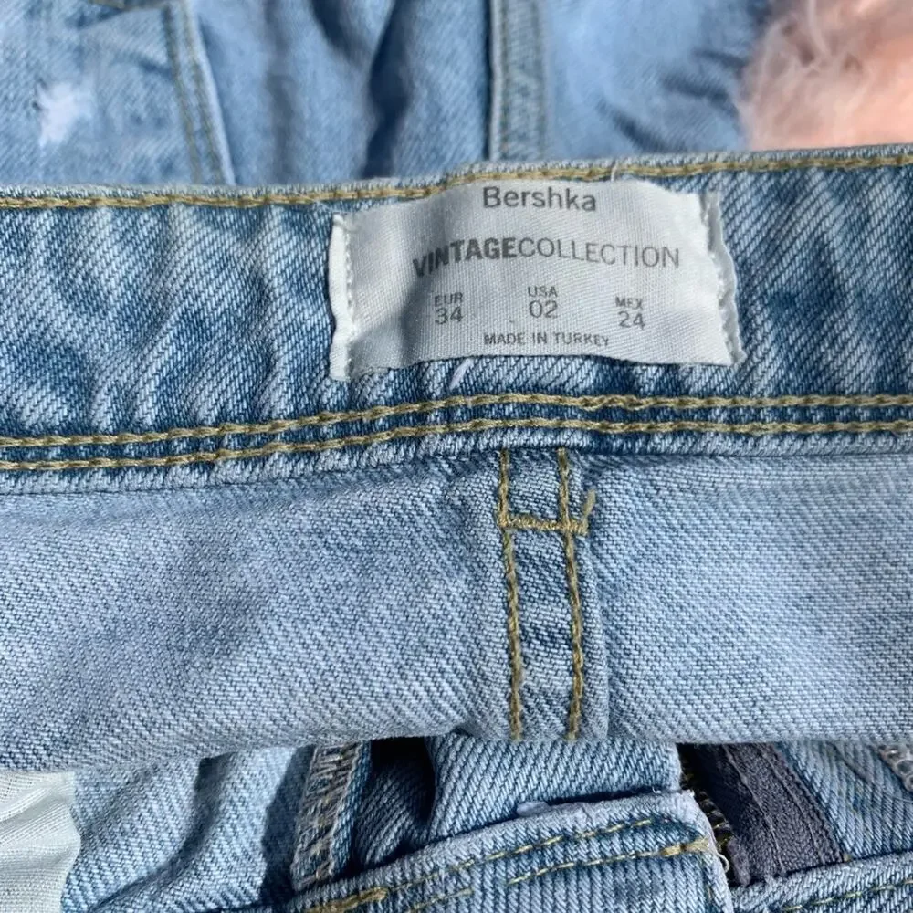Bershka Vintage Distressed Denim Shorts Pink Faux Fur Size 2